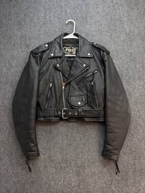 First Genuine Leather Women's Black Cropped Moto Biker Jacket Size L